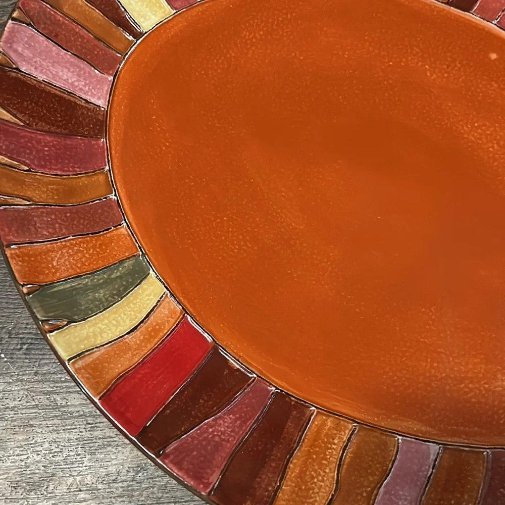 Pier 1 Imports Wavy Stripe Oval Serving Platter Handpainted‎ Stoneware 16